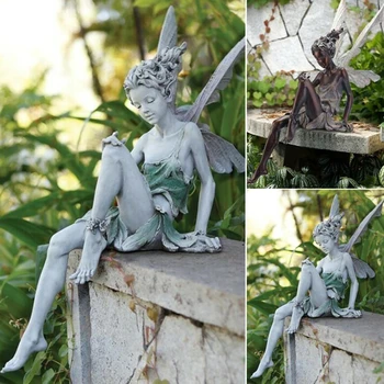 Tudor y Turek Resina Sentado Hadas Estatua del Jardín Adorno Porche Escultura Patio de la Nave de Jardinería para el Hogar de la Decoración del Jardín