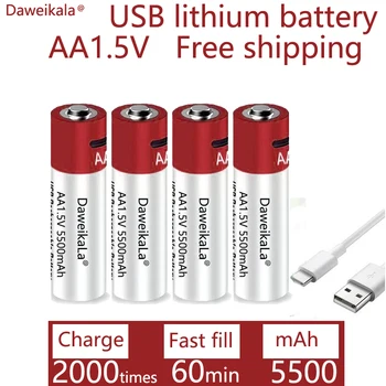 Daweikala Nuevo AA USB Recargable de Li-Ion de la Batería de 1,5 V AA 5500mah / Li-Ion de la Batería del Reloj para Juguetes Reproductor de MP3 Termómetro Teclado