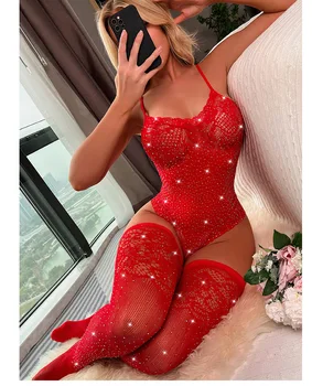 Mujer Sexy Lencería Seducción Liga De Encaje Pura Malla Calada Cristal De Diamante De Imitación De Bikini Sexo Fishnet Conjunto De Pijama