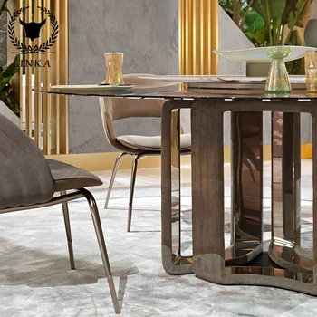 mármol natural de cristal mesa de comedor y silla combinación redonda mesa de comedor apartamento grande de acero inoxidable de comedor