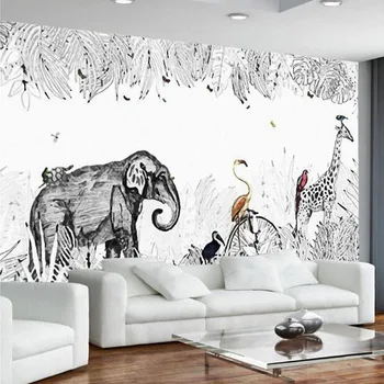 3D personalizado de la Foto de fondo de pantalla Simple Pintada a Mano Elefante Jirafa Mural de los Niños en la Habitación de Dormitorio, Sala de estar Sofá TV Fondo Pared