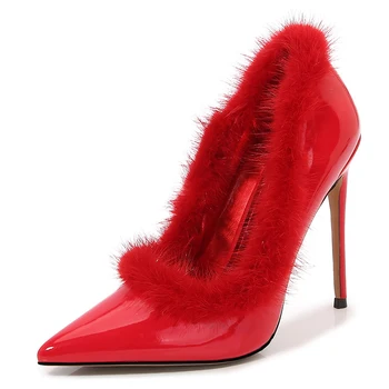 Boca Puntiaguda Rojo Alto Talón Bombas de las Mujeres de la Moda de Zapatos de Piel de Grandes Superficial Tamaño de Zapatos de Mujer