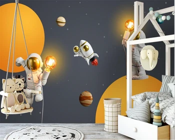 beibehang Personalizado minimalista moderno pintado a mano de dibujos animados de astronautas de la nave espacial de la habitación de los niños de fondo de papel tapiz de la pared de los papeles de la casa
