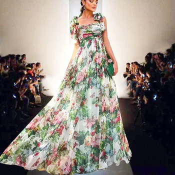 2023 Verano de las Nuevas Mujeres de Impresión Rosa Plisado Envuelto en el Pecho Dobladillo Ancho Flowy Correa Vestido para las Mujeres