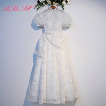 AnXin SH de la princesa blanca flor de encaje de manga corta abullonada vintage una línea de abalorios de perlas gran arco vestido de noche de little white dress