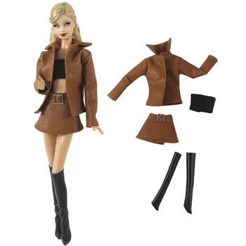 NK 1 Conjunto de Chaqueta de Cuero +Top + Falda Mini +Calcetines Ropa Para Muñeca Barbie Trajes de Moda Abrigo Marrón Para 1/6 Accesorios de Muñecas