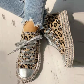 Mujeres Zapatillas de Leopardo Remaches Zapatos de las Mujeres Zapatos de Lona de Ocio cordones Baja Alta Top Sneakers mujer zapatillas de deporte