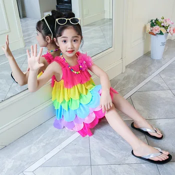 Las niñas Vestido de Gasa Vestido de 2023 Nueva de Verano para Niños en el Hombro de la Flor Vestido de Princesa de la Eslinga Vestido de arco iris