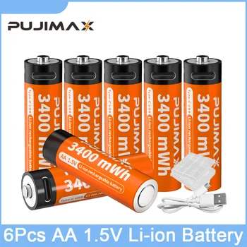 PUJIMAX AA Baterías de Li-ion 3400mWh 1.5 V Baterías de Litio Recargables de Tipo de Soporte C de Carga Rápida Con Indicador LED