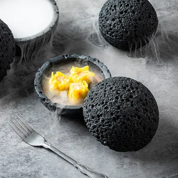 Planeta Tazón de la Cocina Molecular Creatividad Imitar la ronda de humo de la taza negra de la vajilla en el fuego de piedra bola de la placa