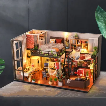 BRICOLAJE de Madera de Casa de Muñecas Casa tipo Loft Industrial Estilo de casas de muñecas en Miniatura de los Muebles con LED Kit de Ensamble de Juguete de Niño Niña Adultos Regalo