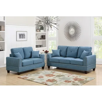 2pcs sofá (sofá y sofá-cama doble) azul tejido mezclado conjunto de sofás sofá de la sala de muebles de decoración moderna
