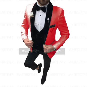Nueva Llegada De Slim Fit Traje De Hombre De Solapa Chal De Negocios Casual Vestido De Noche De Esmoquin Conjunto De 3 Piezas Rojo Blazer Negro De Pantalón Y Chaleco