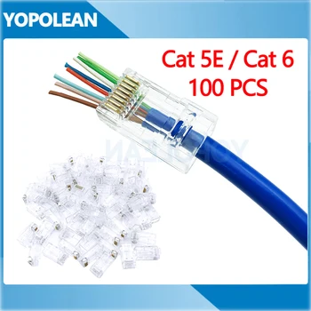 100PCS Cat 5E Cat 6 Red Enchufe Modular RJ45 8P8C Cable Ethernet Conector de Extremo de Pasar a Través de
