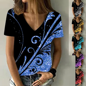 2022 de la Mujer de Moda Tops Florales Abstractos Impreso Camiseta de gran tamaño Arte de Jersey de Verano de Cuello V Top Básico en 3d de la Vendimia de las Mujeres Camiseta