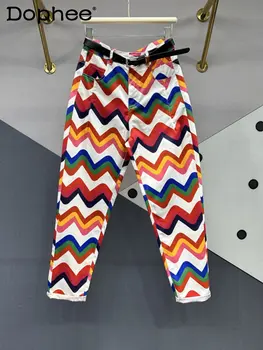 2023 Nuevo Verano Colorido Ondulado Impreso Jeans para Mujer altura de la Cintura que Adelgaza el Flaco del Dril de algodón Pantalones de Harén Pantalones de Hip Hop Pantalons