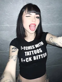 Gótico, Emo Chicas Sexy Negro Bebé Camiseta Ropa de las Mujeres de la Vendimia de la Carta de Imprimir Lindo Grunge T-shirt Y2k Ropa Punk Slim Crop Tops