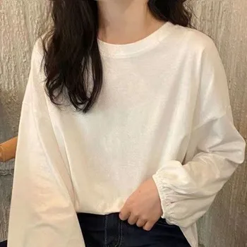 Casual Suelto de Manga Larga Camiseta para las Mujeres Estilo Preppy de Algodón Blanco de la Imprimación Camisa de Mujer 2023 Primavera coreana Delgada O-Cuello Tops