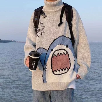 de las mujeres de cuello alto de tiburón suéter de los Hombres de invierno de 2022 estudiante Harajuku versión coreana de alta collar de gran tamaño de color gris de cuello alto hombre