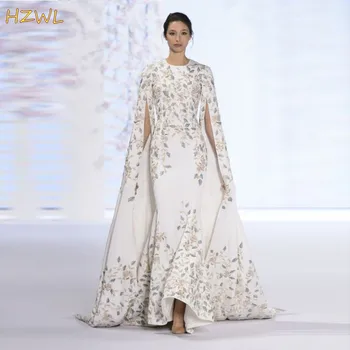Blanca Túnica De Gala 2021 Dubai Elegante Bordado De Manga Larga Vestidos De Noche, Arabia Saudita Sirena De Barrido Tren Vestidos De Baile