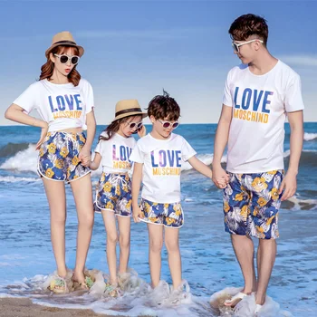 La familia de Coincidencia de Trajes de Playa de Verano Mamá, Hija Papá, Hijo CottonT-camisa y Shorts 2Pcs Set de Vacaciones Coincidentes Par de Ropa de Playa