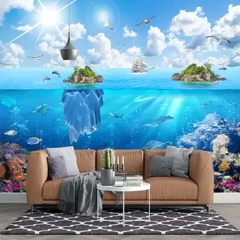 La isla de paisaje, el tiburón, el mundo submarino, animales marinos, dibujos animados sala de estar, dormitorio, personalizados auto-adhesivo de papel pintado, murales