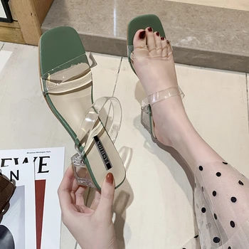 35-43 Gran Tamaño de las Mujeres Zapatos de Tacón Grueso Transparente de Cristal de Talón Flip Flop Sandalias de Moda Casual de Hadas Estilo de Mediados de los Zapatos de tacón