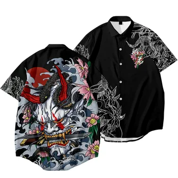 2023 Hombres Camisa Hawaiana De La Moda De Verano De Manga Corta De Harajuku Anime Camisa De Estilo Japonés Demonio De Impresión De Camiseta De Los Hombres De Gran Tamaño De La Ropa