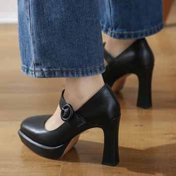 Clásico Negro Desnudo Tacones de las Mujeres de las Bombas de Mary Jane Zapatos de Cuero Genuino de las Correas de Tobillo zapatos de Tacón Alto Zapatos de Plataforma OL Parte de los Zapatos de Mujer