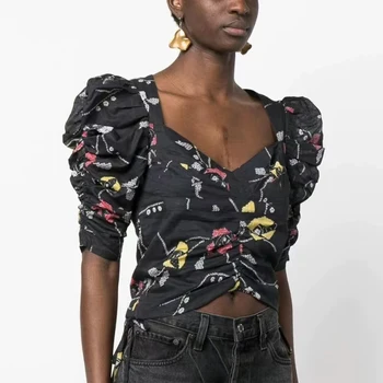 Francés retro temperamento plaza collar cuerpo de la camisa de 2023 verano nuevos floral plisado de las señoras tops de moda Slim camisa de manga corta