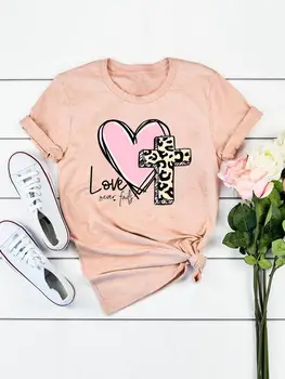 Leopardo Corazón de Amor de Fe Tendencia de Impresión de Ropa Casual Graphic Camiseta de Verano de Manga Corta de Mujer de Moda Camiseta de las Mujeres T-shirt