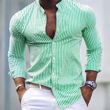 Casual, Camisas de Manga Larga de los Hombres de Rayas de Impresión Camisa de 2023 Otoño Vintage Single Breasted Turn-down Collar Suelto Tops Camisa Para Hombre
