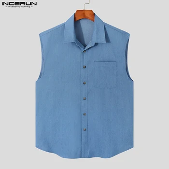 Los hombres de la Camisa de la Solapa de Color Sólido sin Mangas de Streetwear Botón de 2023 Moda Camisas de la Personalidad de Verano Casual Camisas de S-5XL INCERUN