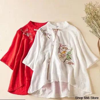 Tang Traje Chino de la Camisa de la Ropa Tradicional China para las Mujeres Cheongsam Superior Hanfu Primavera Verano de Algodón Cáñamo camiseta Bordada