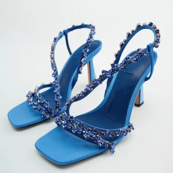 Nuevo Verano de las Mujeres Zapatos de las Sandalias Azul Verde con Cuentas zapatos de Tacón Alto Sandalias de las Mujeres de Lujo de piedras preciosas Sandalias de Tacón Alto Sandalias