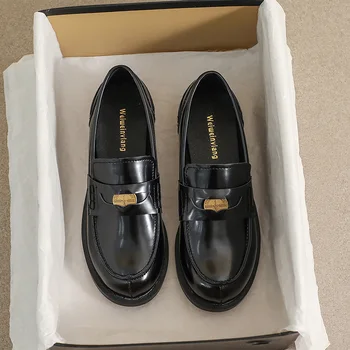 2023 primavera nuevas mujeres de los zapatos de cuero Negro Mary Jane mocasines de estilo Británico de la Moda de diseño de metal Casual zapatos de Fiesta y de oficina