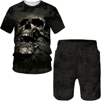 Punk Cráneo Impresión 3d de la camiseta Oversize/pantalones cortos/los Hombres ropa Deportiva Chandal Gótico Camiseta Tops de la Vendimia de Verano Traje Masculino