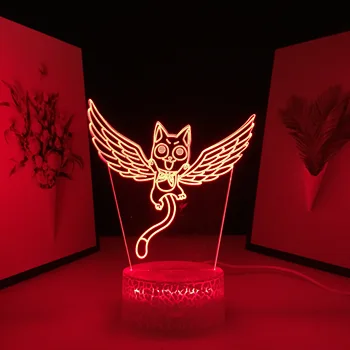 3D Cola de Hadas Figura Gato Feliz de la Mosca de la Lámpara de Anime Luz de Noche para los niños Bedoom Decoración LED con Sensor Táctil en Color de Cambiar la Lamparita