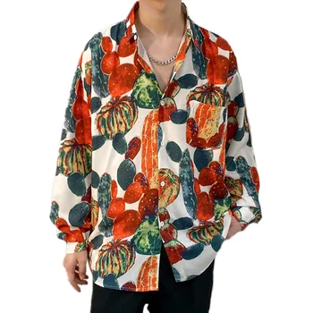 2023 Verano Camisa Hawaiana Hombres Cactus Lleno De Impresión De Camisetas Planta Tropical Blusas De Manga Larga De Vacaciones Camisas Vintage