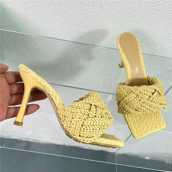 Diseño de tejidos de punto de las Mujeres Zapatillas del dedo del pie cuadrado finos tacones de paz con el verano a la fiesta de moda zapatillas