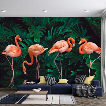 Nórdico moderno simple planta tropical bosque flamingo，3D Personalizados de pared para niños fondo de pantalla, auto-adhesivo de papel tapiz, salón roo