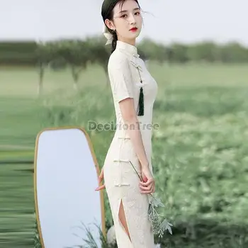 2023 diario chino cheongsam estilo retro de manga corta de las mujeres elegantes de la moda qipao de verano de cuello de pie corto vestido qipao g547