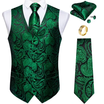 La moda Verde Paisley Chaleco para Hombre de Negocios Festival de Vestido que se Ajuste a los Hombres del Chaleco de Lujo de la Seda de la Corbata pañuelo de Bolsillo de los Gemelos Anillo