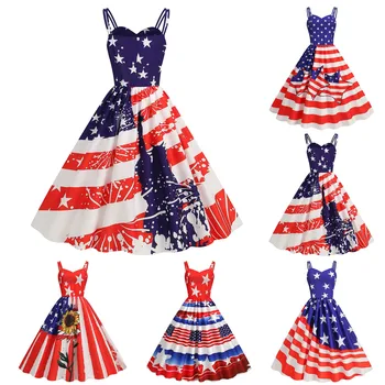 El Día de la independencia Femenina de Verano Sexy Liga de la Bandera Americana de la Impresión del Vintage de Gran Swing Vestido de Tamaño 12 Vestidos Formales para las Mujeres