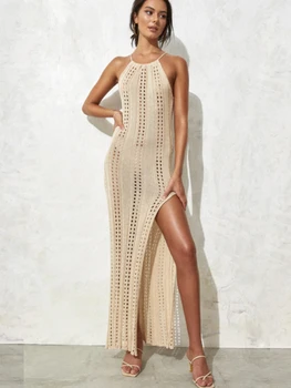Vestidos de playa, Traje de baño de encubrimiento para trajes de baño de las Mujeres Elegantes Maxi Túnica Split Crochet Cortar sin Respaldo de los Trajes de Baño de 2023