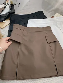 Yitimoky Negro Y2k minifaldas de Cuero para las Mujeres 2022 Nuevo Talle Alto, Casual de Cuero de Imitación de División coreana de la Moda de la Falda con Forro