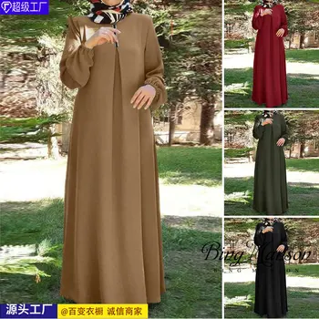 S 5XL de la Moda Musulmana Abaya Sólido Suelto de Manga Larga de Cuello Redondo Túnica Maxi Vestido de las Señoras Tradicional de Dubai Islam Ropa de Otoño Mujer